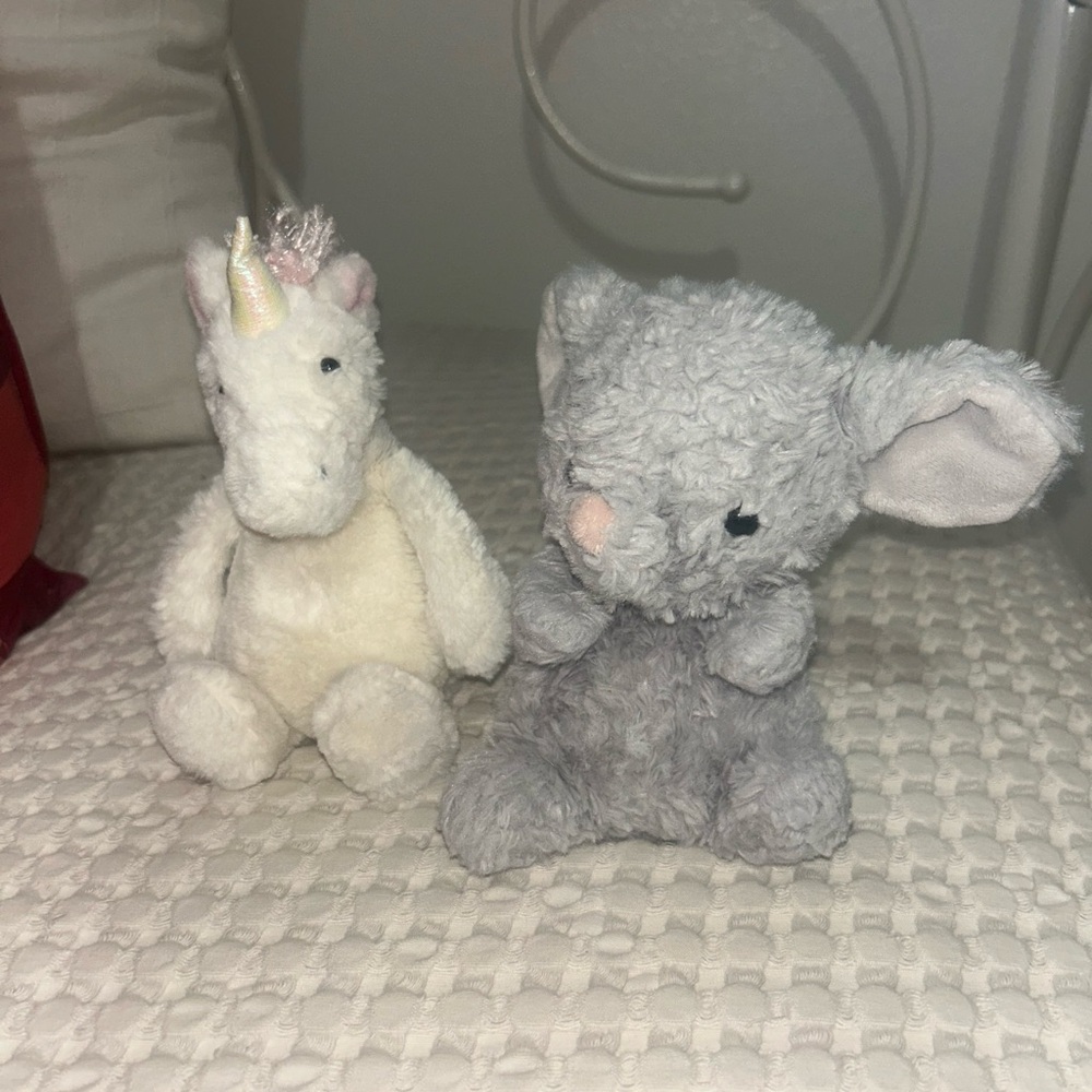 Jellycat White Unicorn and Gray Elephant Plush Toys